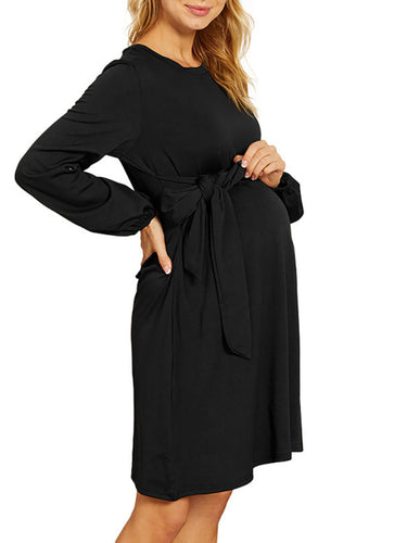 Women’s Black Crew Neck Knee Length Maternity Dress with Waist Tie S-XL
