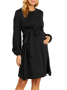 Women’s Black Crew Neck Knee Length Maternity Dress with Waist Tie S-XL - Wazzi's Wear