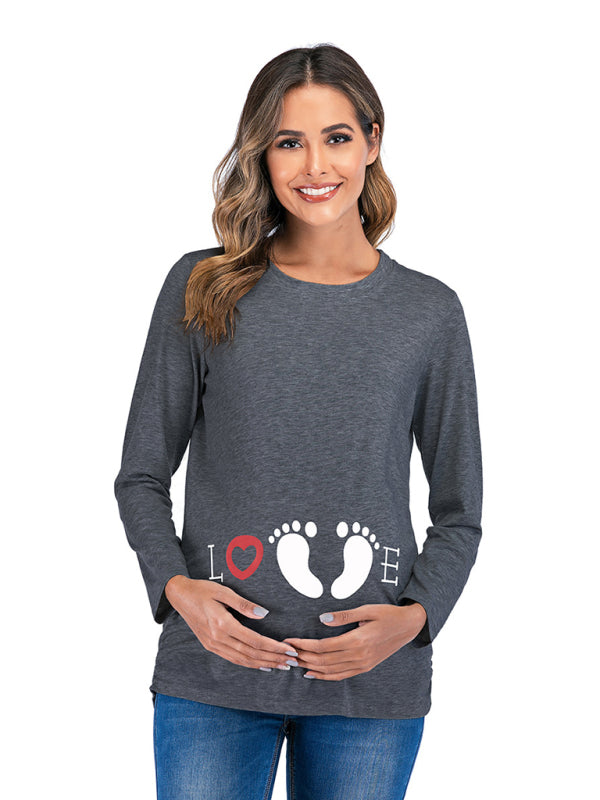 Women's Round Neck Long Sleeve Maternity Top with Baby Feet in 3 Colors - Wazzi's Wear