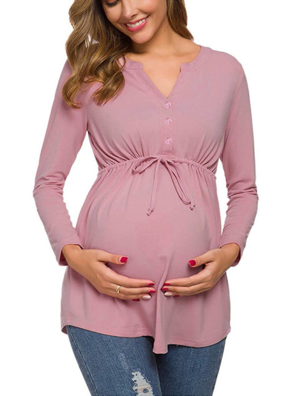 Women’s Maternity Long Sleeve Top with Buttons and Drawstring in 3 Colors S-XXL - Wazzi's Wear