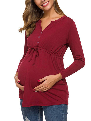 Women’s Maternity Long Sleeve Top with Buttons and Drawstring in 3 Colors S-XXL