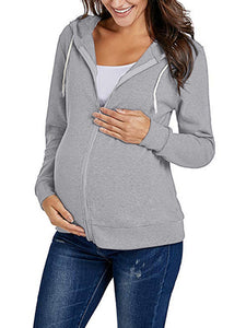 Maternity Solid Hooded Zippered Sweatshirt in 4 Colors S-2XL