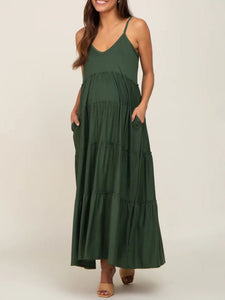 Maternity V-Neck Sleeveless Maxi Dress with Side Pockets - Wazzi's Wear