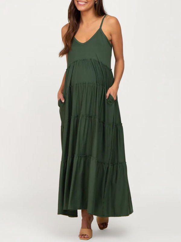 Maternity V-Neck Sleeveless Maxi Dress with Side Pockets - Wazzi's Wear