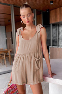 Women’s Solid Romper with Shoulder Bows and Front Pockets in 3 Colors Sizes 4-14