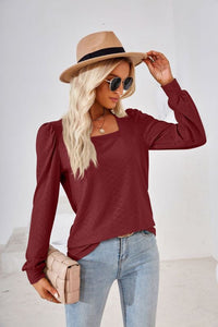 Women's Square Neck Jacquard Long Sleeve Top in 6 Colors S-XXL
