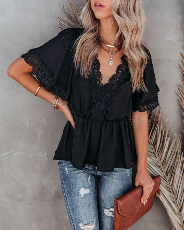 Women's V-Neck Short Sleeve Blouse with Lace Trim