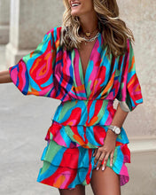 Load image into Gallery viewer, Women’s V-Neck Ruffled Boho Mini Dress with Dolman Sleeves in 6 Patterns Sizes 4-12