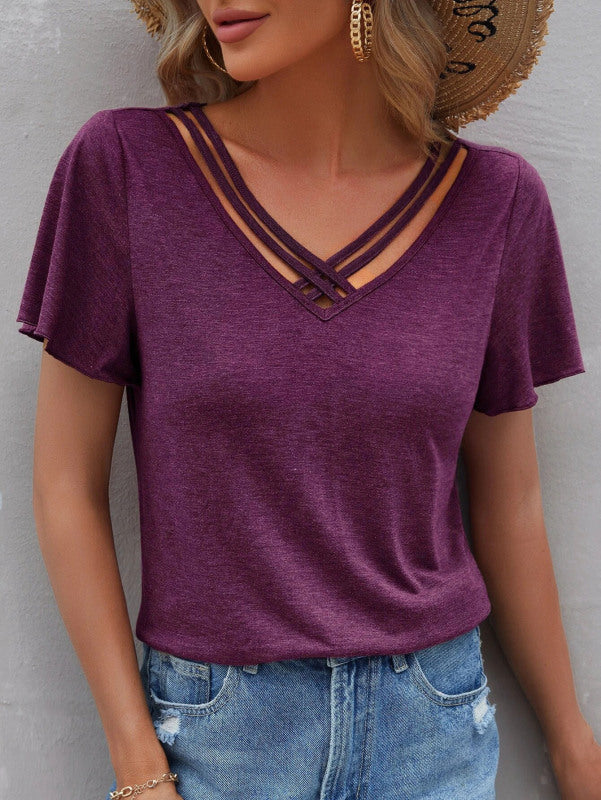 Women's Solid Ruffled V-Neck Short Sleeve Top in 6 Colors Sizes 4-30 - Wazzi's Wear