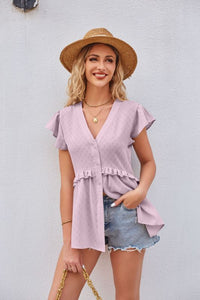 Women’s V-Neck Short Sleeves Ruffled Top in 5 Colors Sizes 4-20