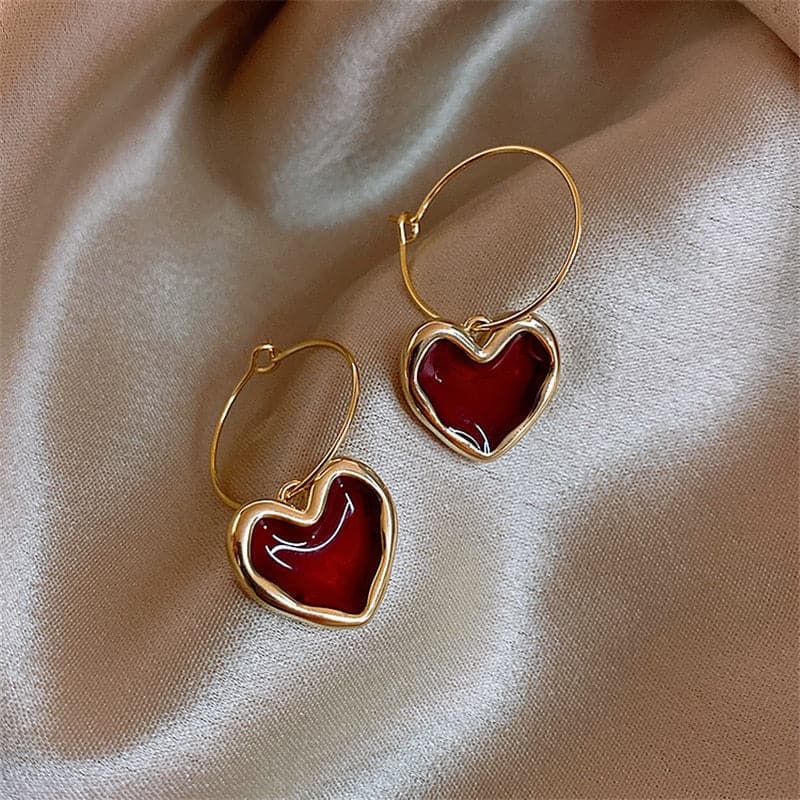 Burgundy Dangle Heart Earrings - Wazzi's Wear