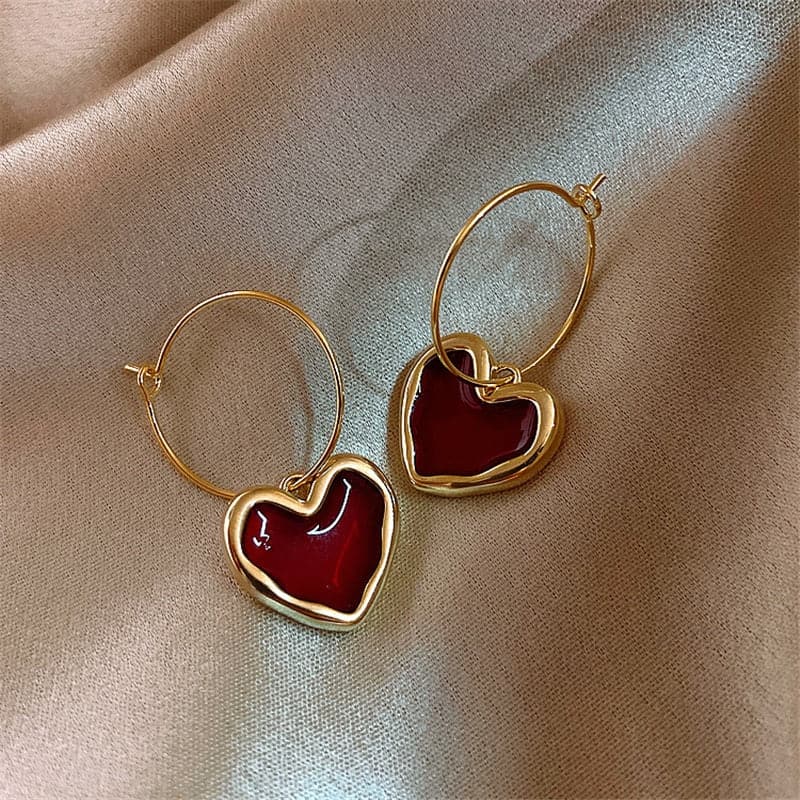 Drop Earrings with Red Heart-Shaped Gemstone - Wazzi's Wear