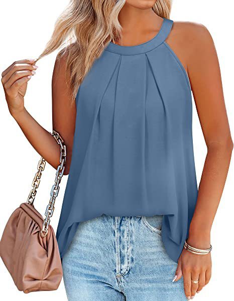 Women's Solid Halter Neck Pleated Sleeveless Tank Top in 8 Colors Sizes 4-22 - Wazzi's Wear