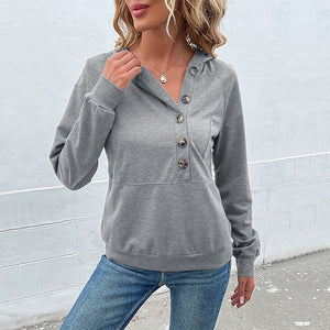 Women’s Long Sleeve Hooded Pullover Top with Buttons in 4 Colors S-XL