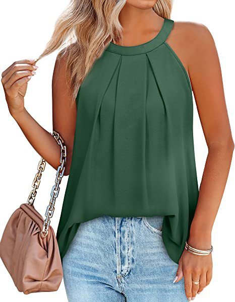 Women's Solid Halter Neck Pleated Sleeveless Tank Top in 8 Colors Sizes 4-22 - Wazzi's Wear