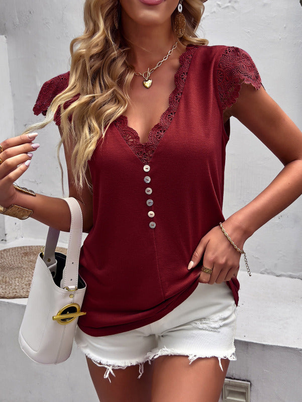 Women's Solid V-Neck Top with Ruffled Cap Sleeves