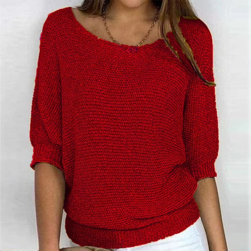 Women's Round Neck Three-Quarter Sleeve Knit Sweater in 6 Colors S-3XL - Wazzi's Wear
