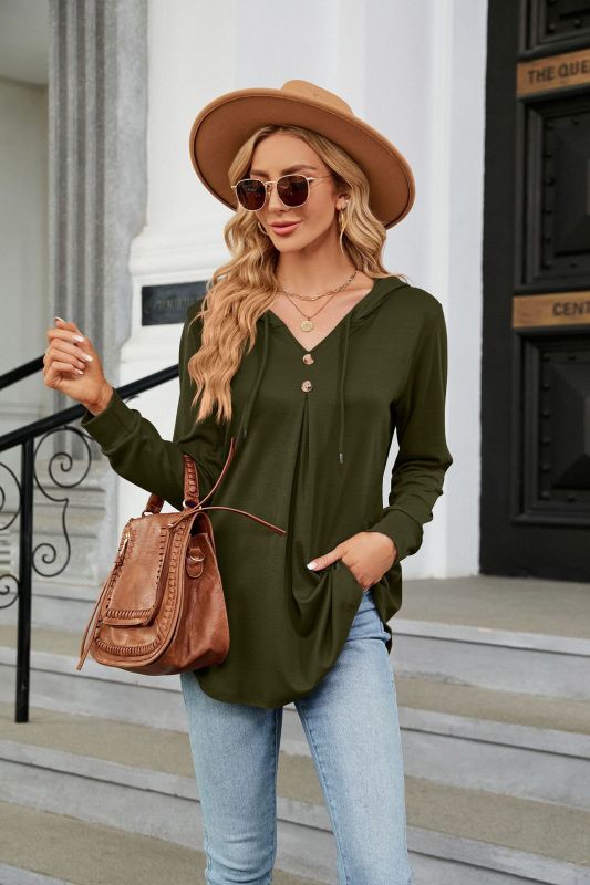 Women’s Long Sleeve V-Neck Hooded Top in 6 Colors S-XXL