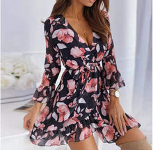 Load image into Gallery viewer, European and American sexy V-neck printed tie casual foreign trade nine-quarter-sleeve ruffled dress - Wazzi&#39;s Wear
