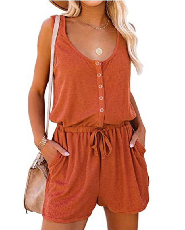 Women’s Sleeveless Romper with Side Pockets and Drawstring Waist in 6 Colors Sizes 4-26 - Wazzi's Wear