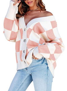 Women's Checkerboard Buttoned Cardigan in 4 Colors S-XXL - Wazzi's Wear