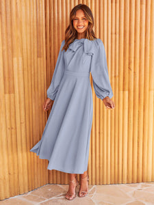 Women’s Long Sleeve High Waist Dress with Bow in 4 Colors S-XL - Wazzi's Wear